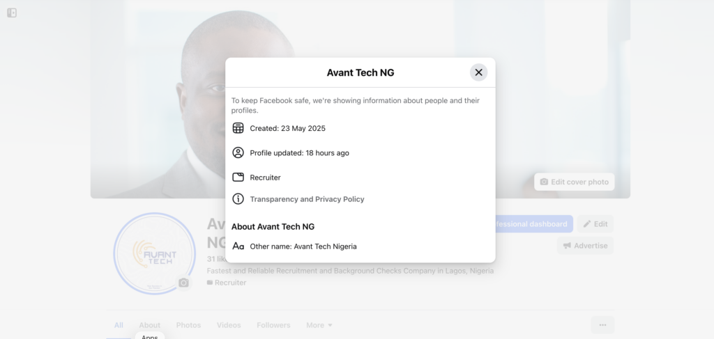 Avant Tech Nigeria Facebook Page Transparency screenshot